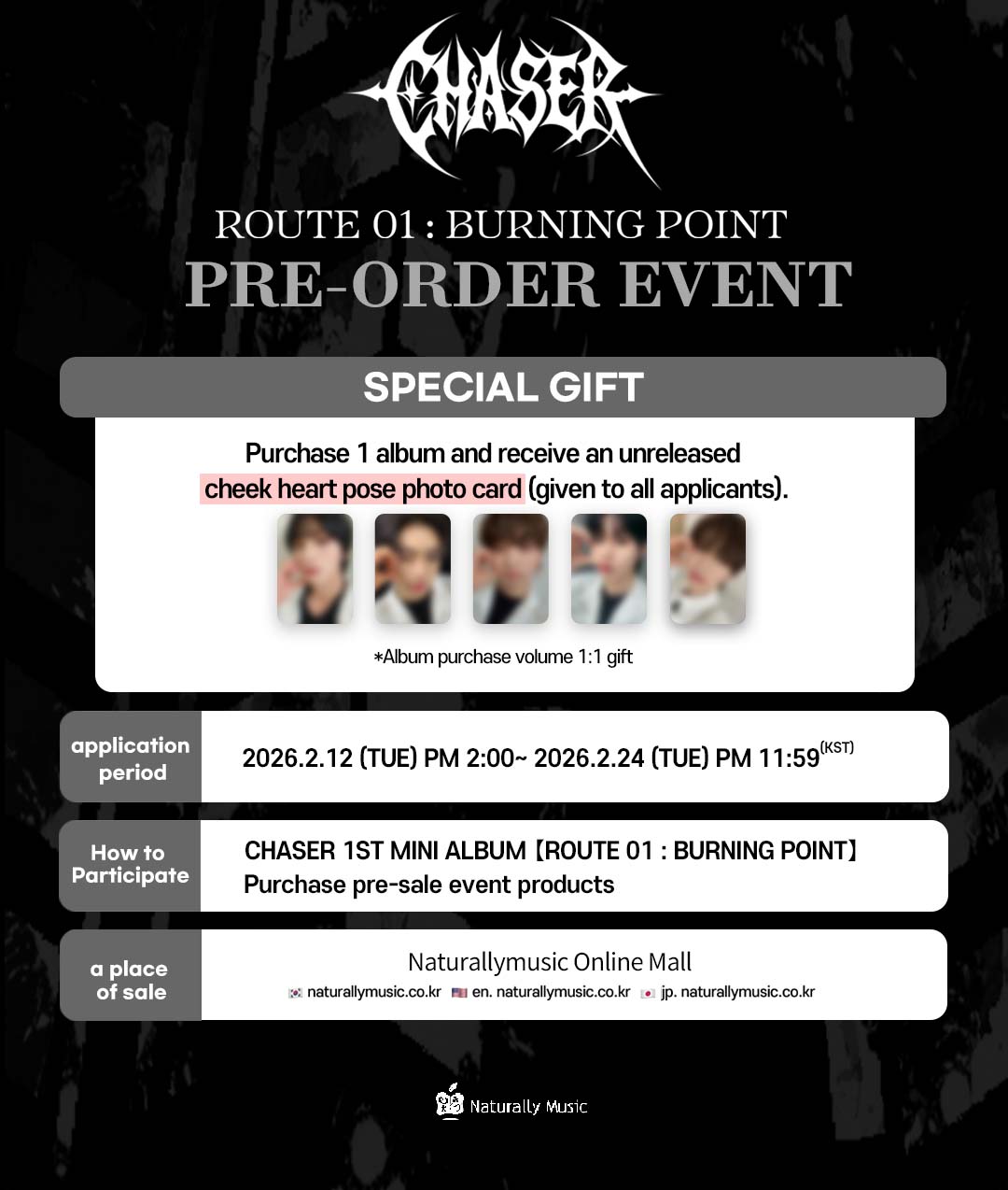 [PRE-ORDER] CHASER 1ST MINI ALBUM 【ROUTE 01 : BURNING POINT】(3종 중 1종 랜덤)